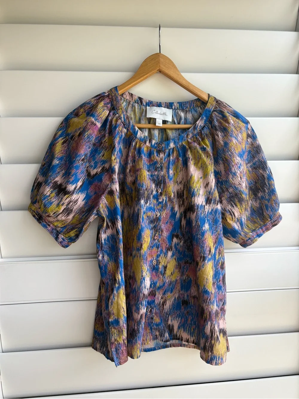 Cleobella Organic Cotton Multicolor Abstract Puff-Sleeve Blouse Blue/Yellow/Pink